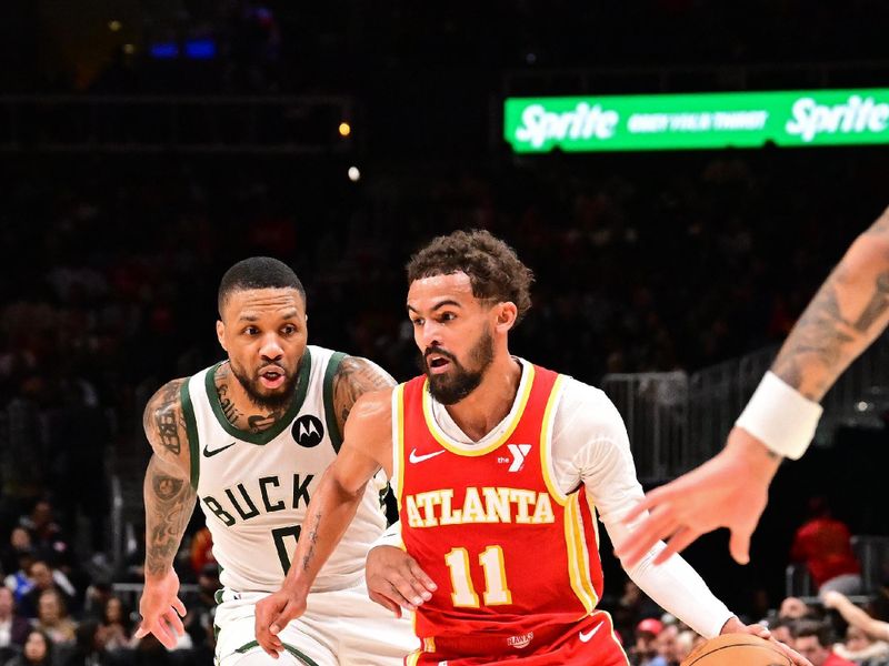 ATLANTA, GA - MARCH 4: Trae Young #11 of the Atlanta Hawks handles the ball during the game against the Milwaukee Bucks on March 4, 2025 at State Farm Arena in Atlanta, Georgia. NOTE TO USER: User expressly acknowledges and agrees that, by downloading and/or using this Photograph, user is consenting to the terms and conditions of the Getty Images License Agreement. Mandatory Copyright Notice: Copyright 2025 NBAE(Photo by Adam Hagy/NBAE via Getty Images)