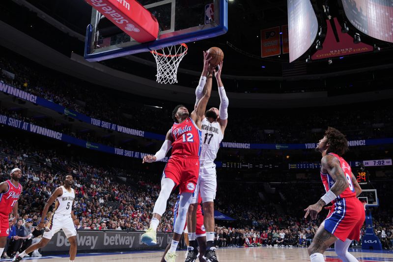 PHILADELPHIA, PA - MARCH 8: Jonas Valanciunas #17 of the New Orleans Pelicans drives to the basket during the game against the Philadelphia 76ers on March 8, 2024 at the Wells Fargo Center in Philadelphia, Pennsylvania NOTE TO USER: User expressly acknowledges and agrees that, by downloading and/or using this Photograph, user is consenting to the terms and conditions of the Getty Images License Agreement. Mandatory Copyright Notice: Copyright 2024 NBAE (Photo by Jesse D. Garrabrant/NBAE via Getty Images)