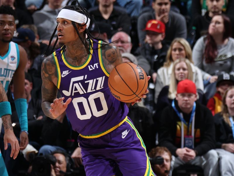 SALT LAKE CITY, UT - FEBRUARY 22: Jordan Clarkson #00 of the Utah Jazz dribbles the ball during the game against the Charlotte Hornets on February 22, 2024 at Delta Center in Salt Lake City, Utah. NOTE TO USER: User expressly acknowledges and agrees that, by downloading and or using this Photograph, User is consenting to the terms and conditions of the Getty Images License Agreement. Mandatory Copyright Notice: Copyright 2024 NBAE (Photo by Melissa Majchrzak/NBAE via Getty Images)