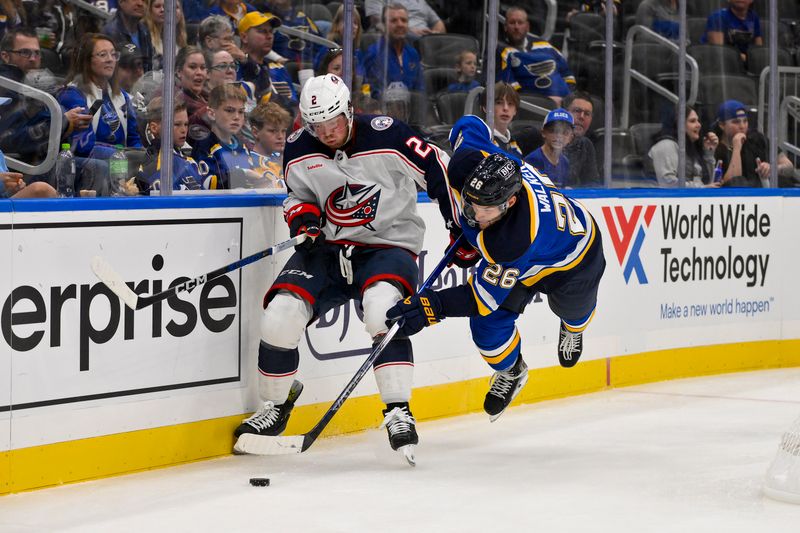 Oct 1, 2024; St. Louis, Missouri, USA;  St. Louis Blues left wing Nathan Walker (26) and Columbus Blue Jackets defenseman Jake Christiansen (2) battle for the puck during the second period at Enterprise Center. Mandatory Credit: Jeff Curry-Imagn Images