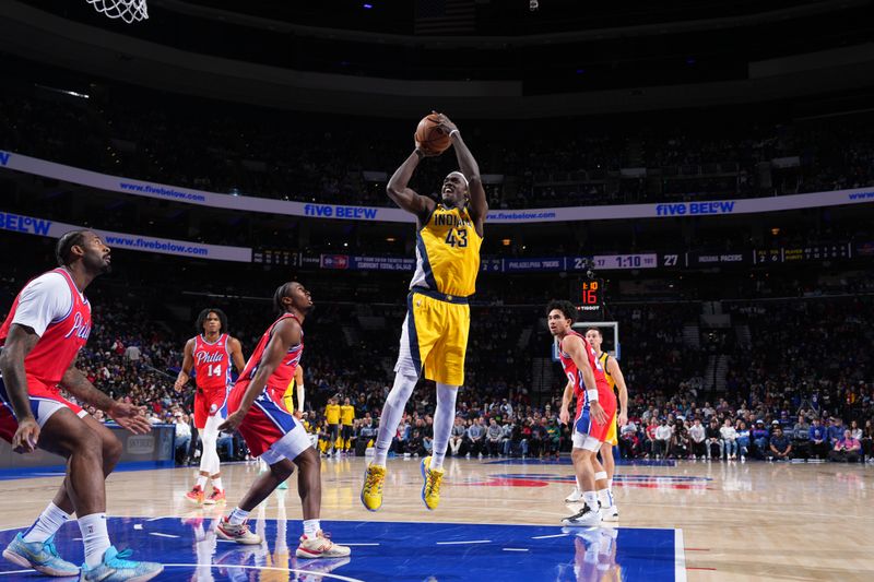 PHILADELPHIA, PA - DECEMBER 13: Pascal Siakam #43 of the Indiana Pacers shoots the ball during the game against the Philadelphia 76ers on December 13, 2024 at the Wells Fargo Center in Philadelphia, Pennsylvania NOTE TO USER: User expressly acknowledges and agrees that, by downloading and/or using this Photograph, user is consenting to the terms and conditions of the Getty Images License Agreement. Mandatory Copyright Notice: Copyright 2024 NBAE (Photo by Jesse D. Garrabrant/NBAE via Getty Images)