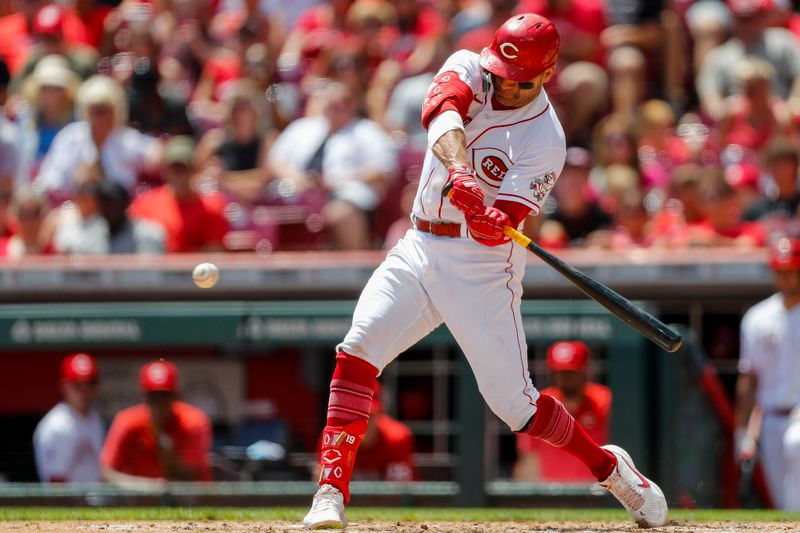 Aug 6, 2023; Cincinnati, Ohio, USA; Cincinnati Reds first baseman Joey Votto (19) hits a solo home run in the second inning against the Washington Nationals at Great American Ball Park. Mandatory Credit: Katie Stratman-USA TODAY Sports