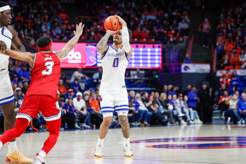 Feb 1, 2024; Boise, Idaho, USA; Boise State Broncos guard Roddie Anderson III (0) shoots during the second half against the Fresno State Bulldogs at ExtraMile Arena. Boise State defeats Fresno State 90-66. Mandatory Credit: Brian Losness-USA TODAY Sports

