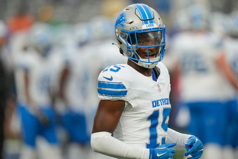Detroit Lions cornerback Ennis Rakestraw Jr. (15) warms up before playing against the New York Giants in an NFL football game, Thursday, Aug. 8, 2024, in East Rutherford, N.J. (AP Photo/Seth Wenig)