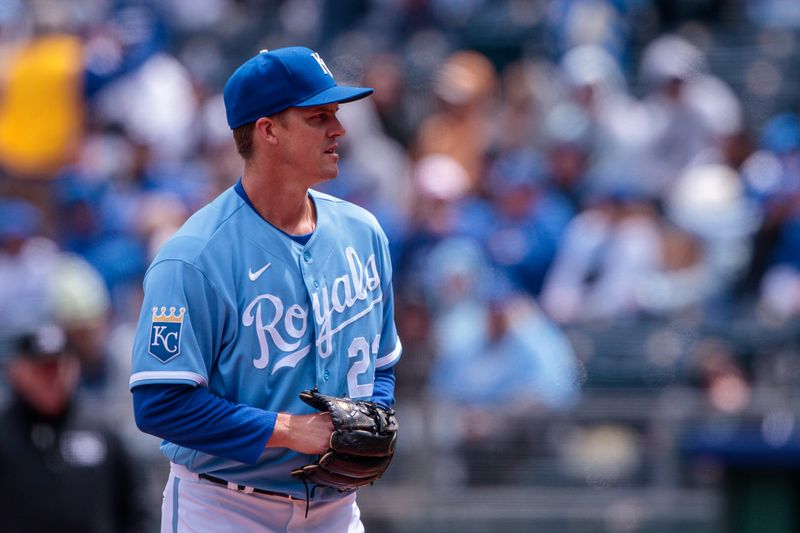 Apr 16, 2023; Kansas City, Missouri, USA; Kansas City Royals starting pitcher Zack Greinke (23) on the mound during the first inning against the Atlanta Braves at Kauffman Stadium. Mandatory Credit: William Purnell-USA TODAY Sports