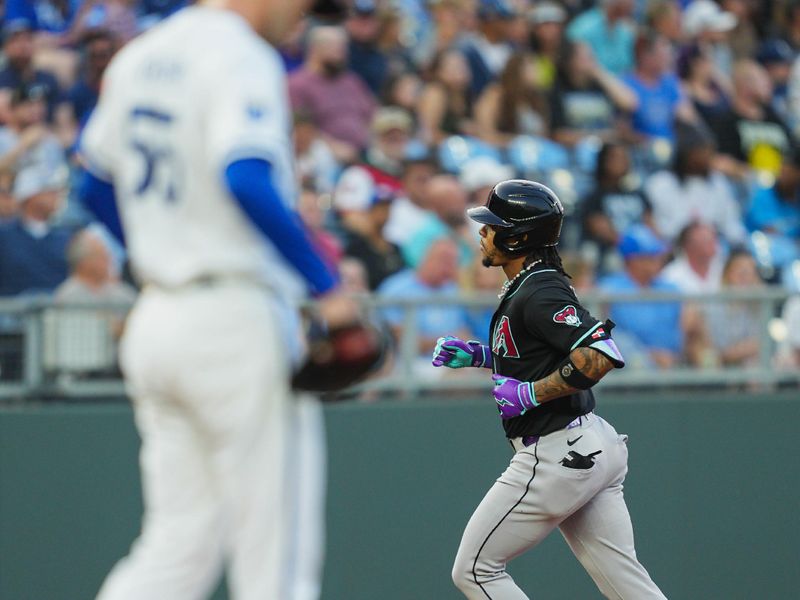 Jul 22, 2024; Kansas City, Missouri, USA; Arizona Diamondbacks second baseman Ketel Marte (4) rounds the bases after hitting a home run during the third inning against the Kansas City Royals at Kauffman Stadium. Mandatory Credit: Jay Biggerstaff-USA TODAY Sports