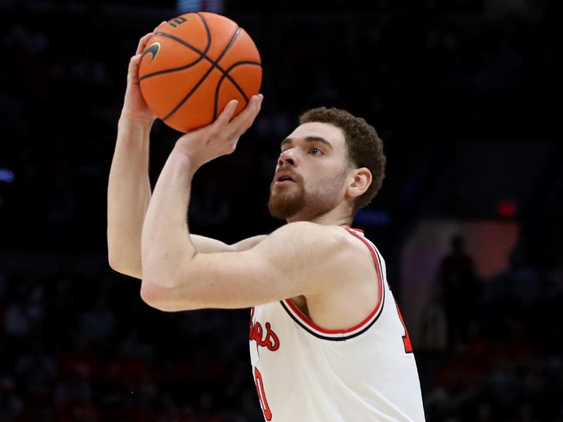 Feb 18, 2024; Columbus, Ohio, USA;  Ohio State Buckeyes forward Jamison Battle (10) takes a three-point shot during the second half against the Purdue Boilermakers at Value City Arena. Mandatory Credit: Joseph Maiorana-USA TODAY Sports