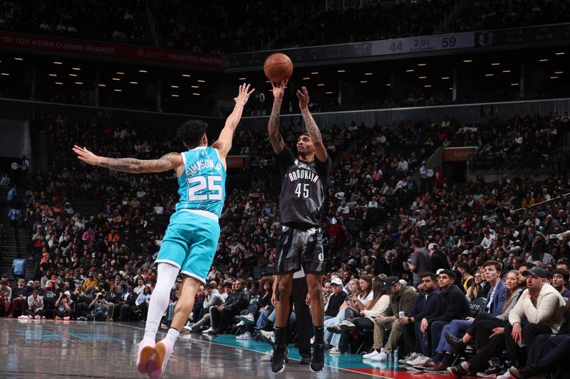 BROOKLYN, NY - FEBRUARY 10: Keon Johnson #45 of the Brooklyn Nets shoots a three point basket during the game against the Charlotte Hornets  on February 10, 2025 at Barclays Center in Brooklyn, New York. NOTE TO USER: User expressly acknowledges and agrees that, by downloading and or using this Photograph, user is consenting to the terms and conditions of the Getty Images License Agreement. Mandatory Copyright Notice: Copyright 2025 NBAE (Photo by Nathaniel S. Butler/NBAE via Getty Images)