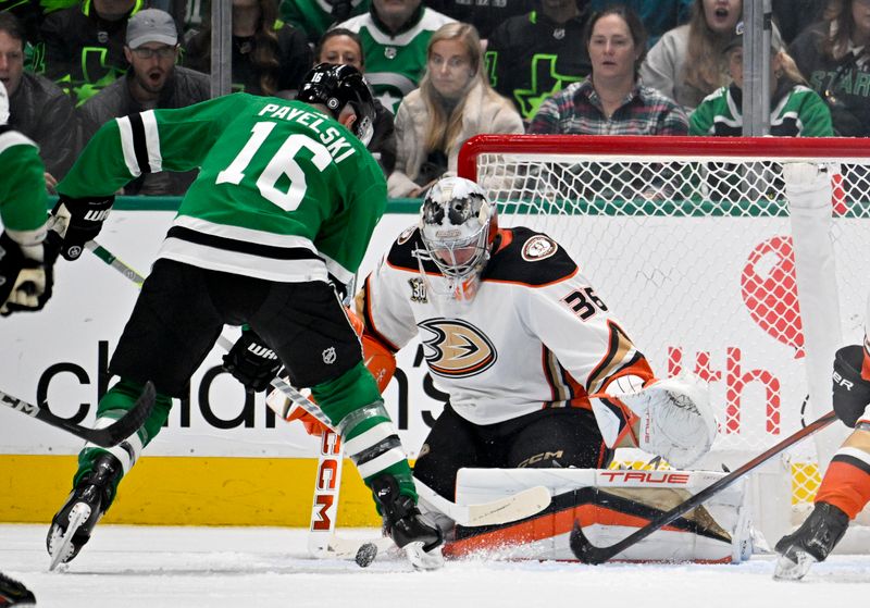 Jan 25, 2024; Dallas, Texas, USA; Anaheim Ducks goaltender John Gibson (36) stops a shot by Dallas Stars center Joe Pavelski (16) during the third period at the American Airlines Center. Mandatory Credit: Jerome Miron-USA TODAY Sports