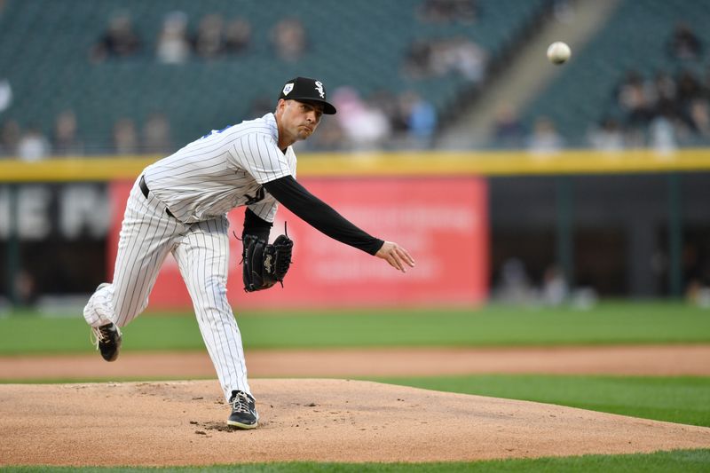 Apr 15, 2024; Chicago, Illinois, USA; Chicago White Sox starting pitcher Nick Nastrini pitches during the first inning against the Kansas City Royals at Guaranteed Rate Field. Mandatory Credit: Patrick Gorski-USA TODAY Sports