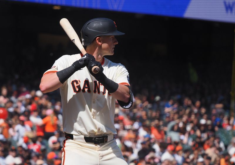 Apr 9, 2025; San Francisco, California, USA; San Francisco Giants third baseman Matt Chapman (26) at bat against the Cincinnati Reds during the sixth inning at Oracle Park. Mandatory Credit: Kelley L Cox-Imagn Images
