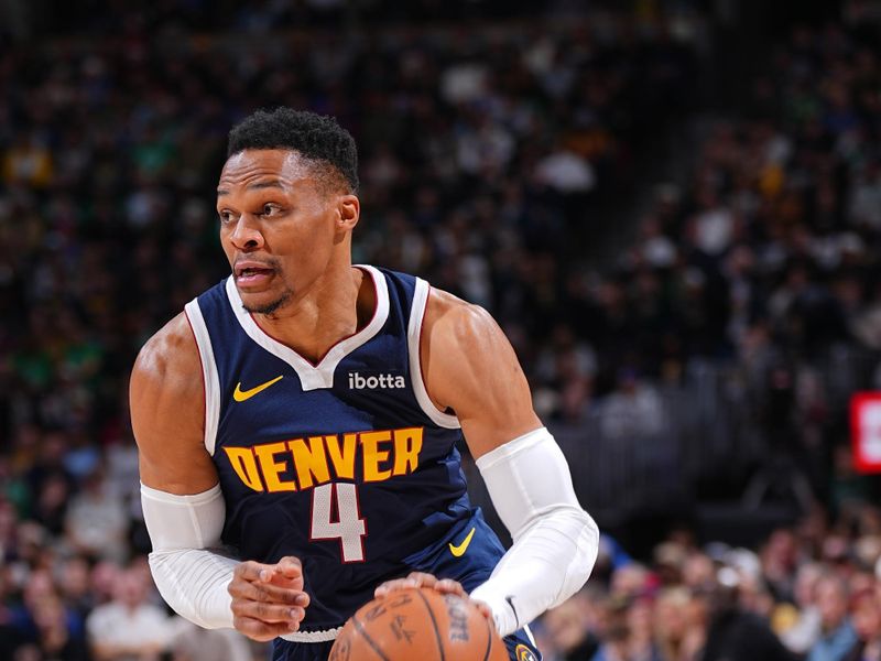 DENVER, CO - JANUARY 7: Russell Westbrook #4 of the Denver Nuggets dribbles the ball during the game against the Boston Celtics on January 7, 2025 at Ball Arena in Denver, Colorado. NOTE TO USER: User expressly acknowledges and agrees that, by downloading and/or using this Photograph, user is consenting to the terms and conditions of the Getty Images License Agreement. Mandatory Copyright Notice: Copyright 2025 NBAE (Photo by Garrett Ellwood/NBAE via Getty Images)