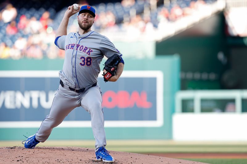 Jun 3, 2024; Washington, District of Columbia, USA; New York Mets starting pitcher Tylor Megill (38) pitches against the Washington Nationals during the first inning at Nationals Park. Mandatory Credit: Geoff Burke-USA TODAY Sports