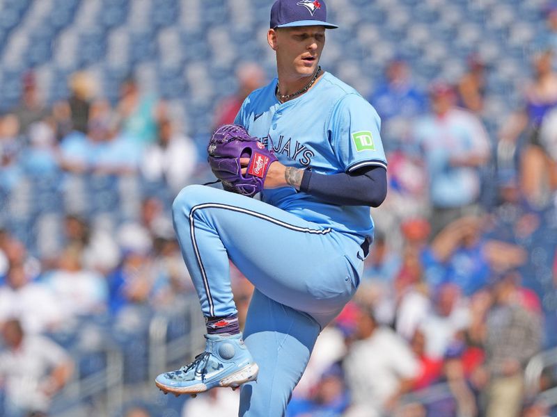 Sep 4, 2024; Toronto, Ontario, CAN; Toronto Blue Jays starting pitcher Bowden Francis (44) throws a pitch against the Philadelphia Phillies during the first inning at Rogers Centre. Mandatory Credit: Nick Turchiaro-Imagn Images