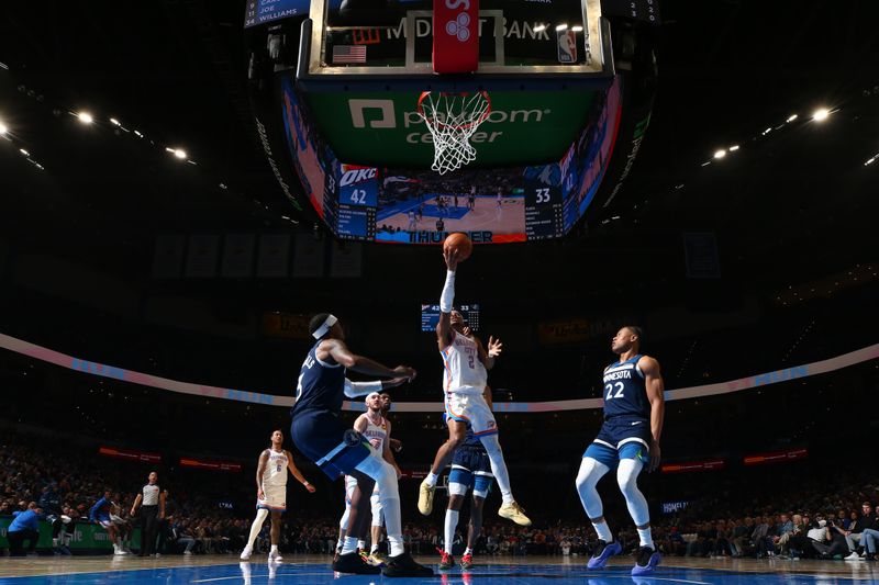 OKLAHOMA CITY, OK - FEBRUARY 24:  Shai Gilgeous-Alexander #2 of the Oklahoma City Thunder shoots the ball during the game against the Minnesota Timberwolves on February 24, 2025 at Paycom Center in Oklahoma City, Oklahoma. NOTE TO USER: User expressly acknowledges and agrees that, by downloading and or using this photograph, User is consenting to the terms and conditions of the Getty Images License Agreement. Mandatory Copyright Notice: Copyright 2025 NBAE (Photo by Zach Beeker/NBAE via Getty Images)