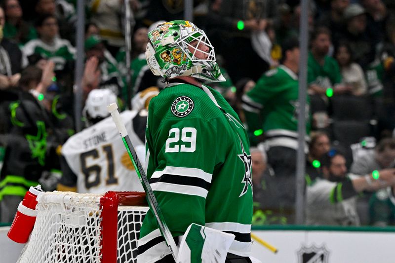 Apr 22, 2024; Dallas, Texas, USA; Dallas Stars goaltender Jake Oettinger (29) reacts to giving up a third goal to the Vegas Golden Knights during the first period in game one of the first round of the 2024 Stanley Cup Playoffs at the American Airlines Center. Mandatory Credit: Jerome Miron-USA TODAY Sports