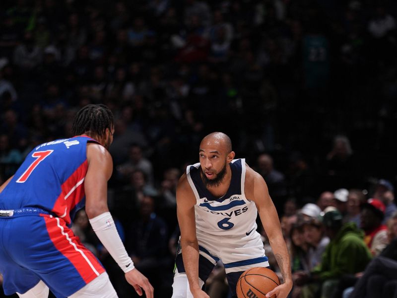 MINNEAPOLIS, MN -  MARCH 27: Jordan McLaughlin #6 of the Minnesota Timberwolves dribbles the ball during the game against the Detroit Pistons on March 27, 2024 at Target Center in Minneapolis, Minnesota. NOTE TO USER: User expressly acknowledges and agrees that, by downloading and or using this Photograph, user is consenting to the terms and conditions of the Getty Images License Agreement. Mandatory Copyright Notice: Copyright 2024 NBAE (Photo by Jordan Johnson/NBAE via Getty Images)