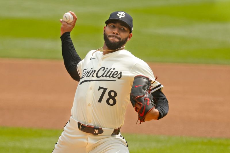 Aug 4, 2024; Minneapolis, Minnesota, USA; Minnesota Twins starting pitcher Simeon Woods Richardson (78) throws to the Chicago White Sox in the first inning at Target Field. Mandatory Credit: Bruce Kluckhohn-USA TODAY Sports