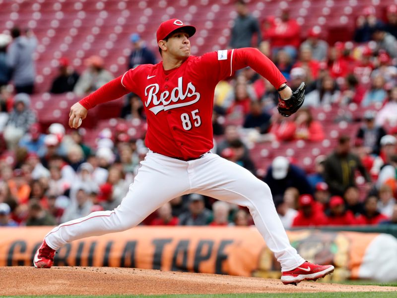 Apr 16, 2023; Cincinnati, Ohio, USA; Cincinnati Reds starting pitcher Luis Cessa (85) throws against the Philadelphia Phillies during the first inning at Great American Ball Park. Mandatory Credit: David Kohl-USA TODAY Sports