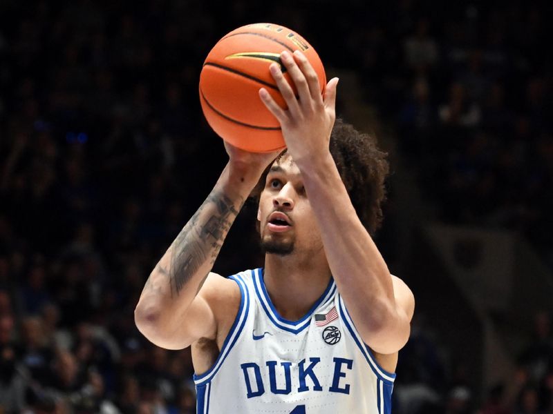 Feb 20, 2023; Durham, North Carolina, USA;Duke Blue Devils center Dereck Lively (1) shoots a free throw during the second half against the Louisville Cardinals at Cameron Indoor Stadium. The Blue Devils won 79-62. Mandatory Credit: Rob Kinnan-USA TODAY Sports