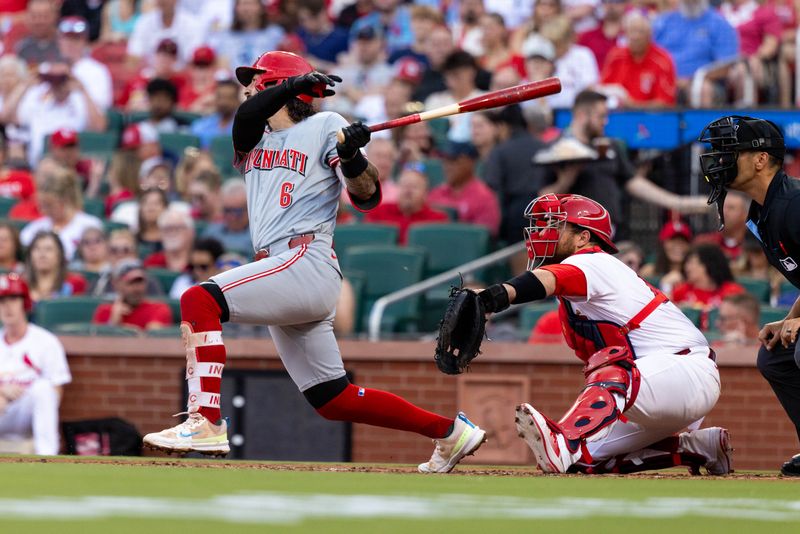 Jun 27, 2024; St. Louis, Missouri, USA; Cincinnati Reds second baseman Jonathan India (6) hits an RBI double in the second inning against the St. Louis Cardinals at Busch Stadium. Mandatory Credit: Zach Dalin-USA TODAY Sports