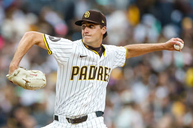 Apr 12, 2025; San Diego, California, USA; San Diego Padres starting pitcher Kyle Hart (68) throws a pitch during the third inning against the Colorado Rockies at Petco Park. Mandatory Credit: David Frerker-Imagn Images