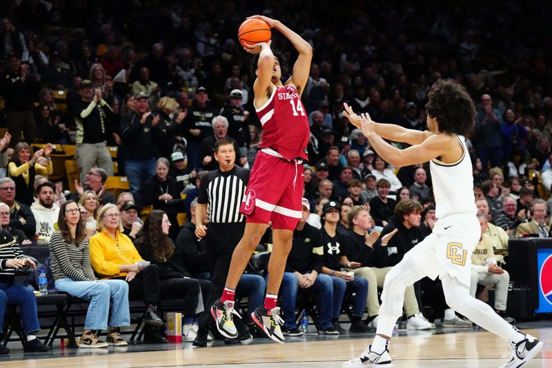 Feb 5, 2023; Boulder, Colorado, USA; Stanford Cardinal forward Spencer Jones (14) shoots over Colorado Buffaloes guard Javon Ruffin (11) in the second half at the CU Events Center. Mandatory Credit: Ron Chenoy-USA TODAY Sports