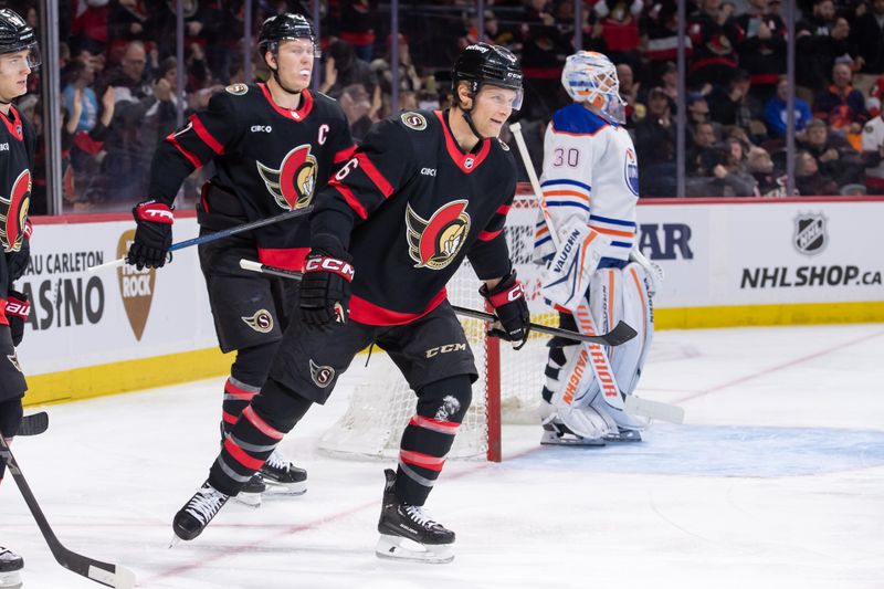 Mar 24, 2024; Ottawa, Ontario, CAN; Ottawa Senators defenseman Jakob Chychrun (6) skates to the bench after scoring against Edmonton Oilers goalie Calvin Pickard (30) in the first period at the Canadian Tire Centre. Mandatory Credit: Marc DesRosiers-USA TODAY Sports