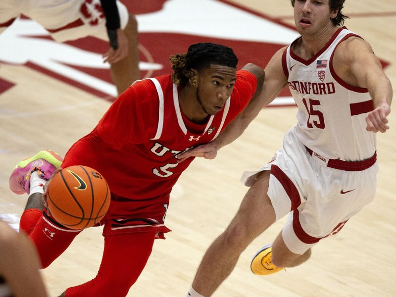 Jan 14, 2024; Stanford, California, USA; Utah Utes guard Deivon Smith (5) drives past Stanford Cardinal guard Benny Gealer (15) during the second half at Maples Pavilion. Mandatory Credit: D. Ross Cameron-USA TODAY Sports