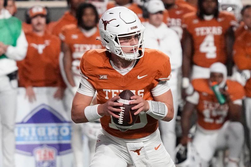 Nov 24, 2023; Austin, Texas, USA; Texas Longhorns quarterback Arch Manning (16) looks to pass the ball during the second half against the Texas Tech Red Raiders at Darrell K Royal-Texas Memorial Stadium. Mandatory Credit: Scott Wachter-USA TODAY Sports