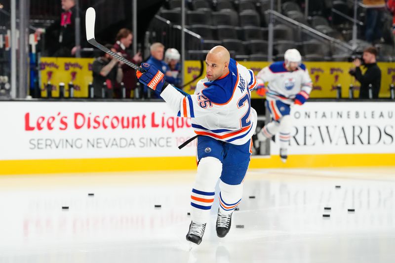 Mar 8, 2026; Las Vegas, Nevada, USA; Edmonton Oilers defenseman Darnell Nurse (25) warms up before a game against the Vegas Golden Knights at T-Mobile Arena. Mandatory Credit: Stephen R. Sylvanie-Imagn Images
