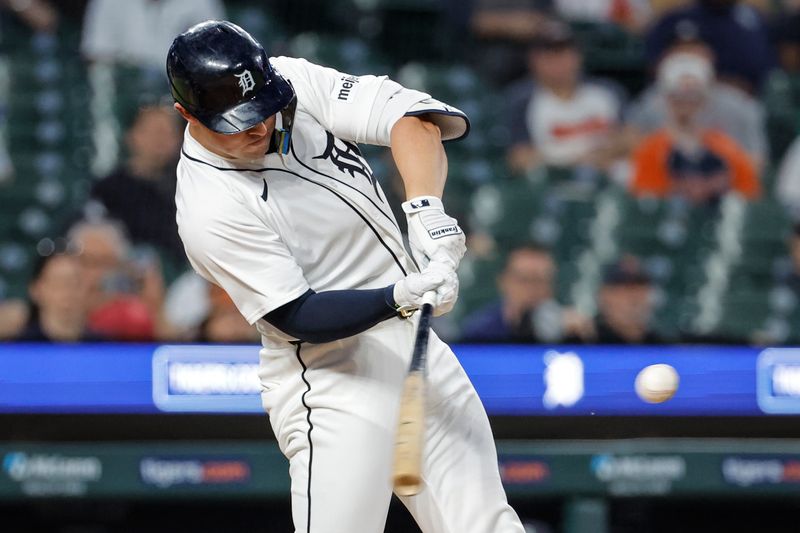 May 13, 2024; Detroit, Michigan, USA;  Detroit Tigers first base Spencer Torkelson (20) hits a two run home run in the eighth inning against the Miami Marlins at Comerica Park. Mandatory Credit: Rick Osentoski-USA TODAY Sports