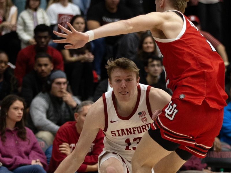 Jan 14, 2024; Stanford, California, USA; Stanford Cardinal guard Michael Jones (13) looks to drive past Utah Utes guard Cole Bajema (2) during the second half at Maples Pavilion. Mandatory Credit: D. Ross Cameron-USA TODAY Sports