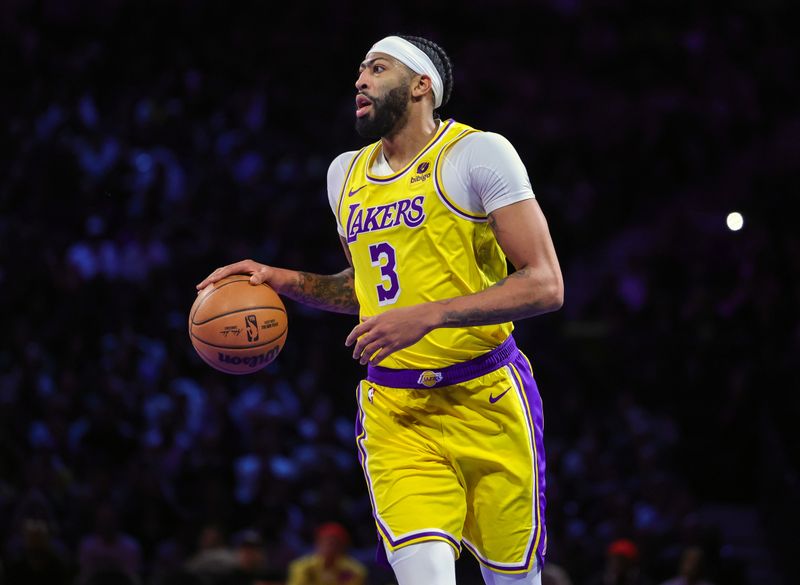 LAS VEGAS, NEVADA - DECEMBER 09: Anthony Davis #3 of the Los Angeles Lakers brings the ball up the court against the Indiana Pacers in the first quarter of the championship game of the inaugural NBA In-Season Tournament at T-Mobile Arena on December 09, 2023 in Las Vegas, Nevada. The Lakers defeated the Pacers 123-109. NOTE TO USER: User expressly acknowledges and agrees that, by downloading and or using this photograph, User is consenting to the terms and conditions of the Getty Images License Agreement. (Photo by Ethan Miller/Getty Images)