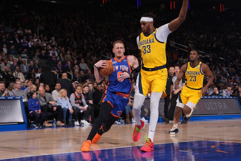 NEW YORK, NY - FEBRUARY 10: Donte Divincenzo #0 of the New York Knicks drives to the basket during the game against the Indiana Pacers on February 10, 2024 at Madison Square Garden in New York City, New York.  NOTE TO USER: User expressly acknowledges and agrees that, by downloading and or using this photograph, User is consenting to the terms and conditions of the Getty Images License Agreement. Mandatory Copyright Notice: Copyright 2024 NBAE  (Photo by Jesse D. Garrabrant/NBAE via Getty Images)