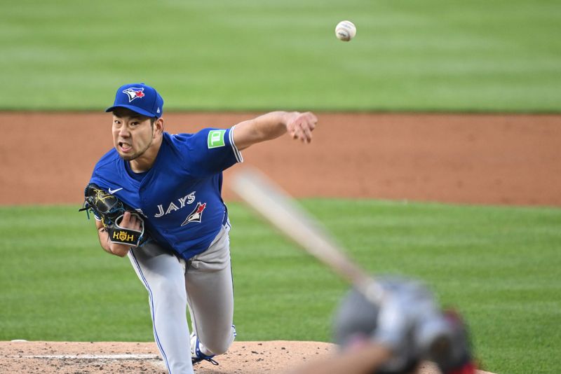 May 3, 2024; Washington, District of Columbia, USA; Toronto Blue Jays starting pitcher Yusei Kikuchi (16) throws a pitch against the Washington Nationals during the second inning at Nationals Park. Mandatory Credit: Rafael Suanes-USA TODAY Sports