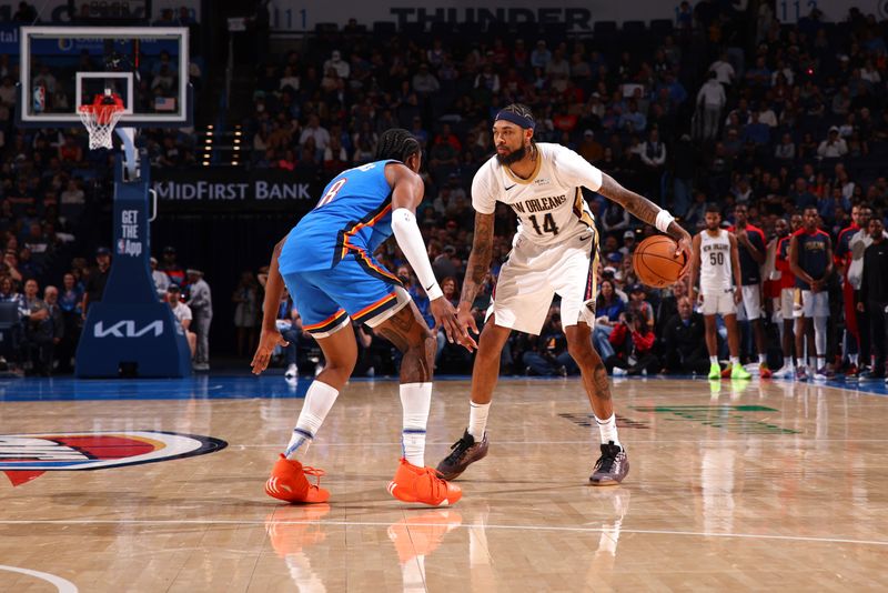 OKLAHOMA CITY, OK - NOVEMBER 13:  Brandon Ingram #14 of the New Orleans Pelicans dribbles the ball during the game against the Oklahoma City Thunder on November 13, 2024 at Paycom Center in Oklahoma City, Oklahoma. NOTE TO USER: User expressly acknowledges and agrees that, by downloading and or using this photograph, User is consenting to the terms and conditions of the Getty Images License Agreement. Mandatory Copyright Notice: Copyright 2024 NBAE (Photo by Zach Beeker/NBAE via Getty Images)