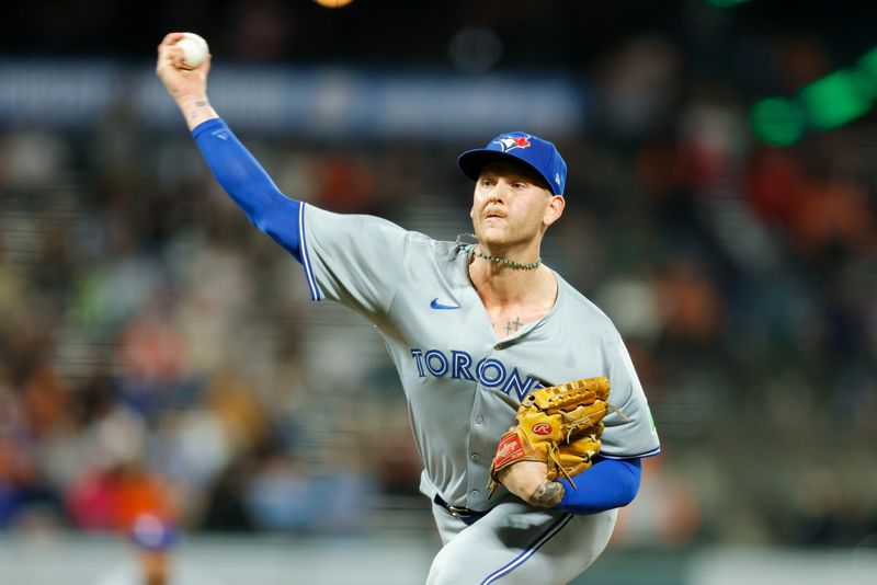 Jul 10, 2024; San Francisco, California, USA; Toronto Blue Jays pitcher Bowden Francis (44) throws a pitch during the ninth inning against the San Francisco Giants at Oracle Park. Mandatory Credit: Sergio Estrada-USA TODAY Sports