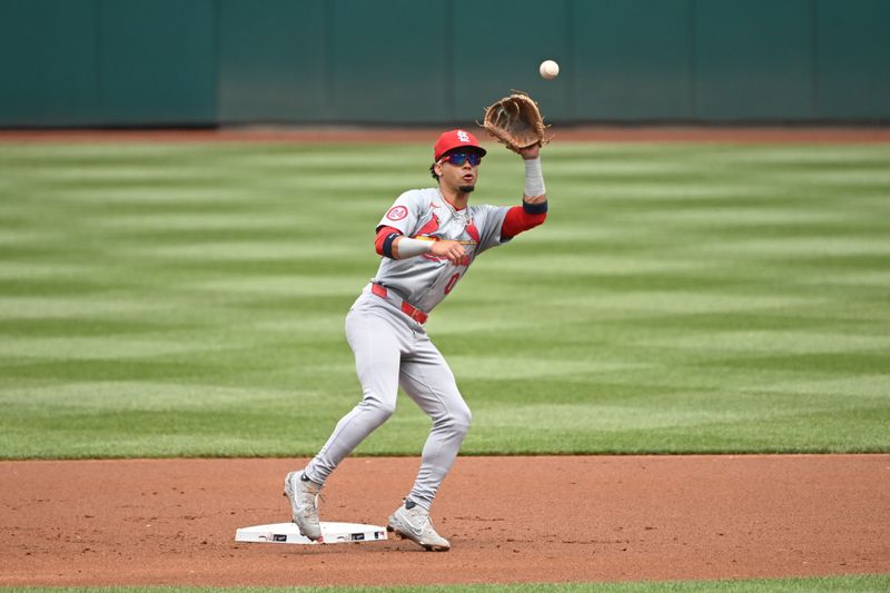 Jul 7, 2024; Washington, District of Columbia, USA; St. Louis Cardinals shortstop Masyn Winn (0) fields the ball at second base against the Washington Nationals during the first inning at Nationals Park. Mandatory Credit: Rafael Suanes-USA TODAY Sports