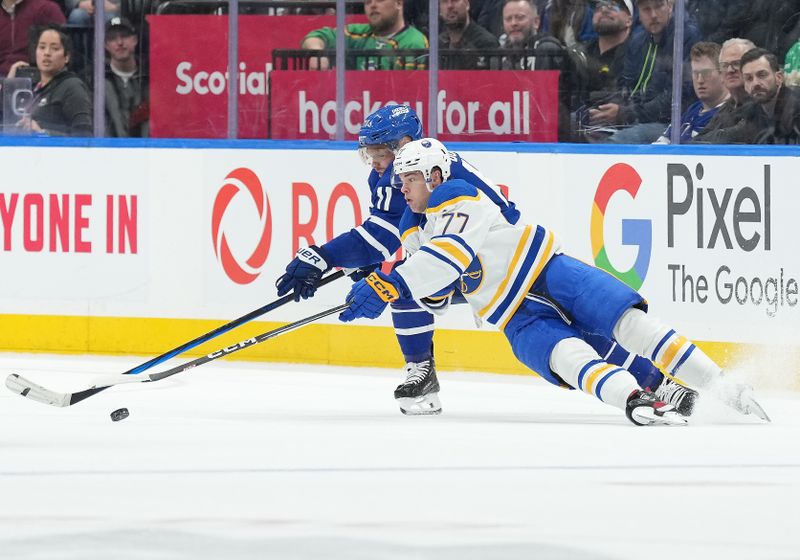 Mar 6, 2024; Toronto, Ontario, CAN; Toronto Maple Leafs center Max Domi (11) and Buffalo Sabres right wing JJ Peterka (77) battle for the puck during the third period at Scotiabank Arena. Mandatory Credit: Nick Turchiaro-USA TODAY Sports