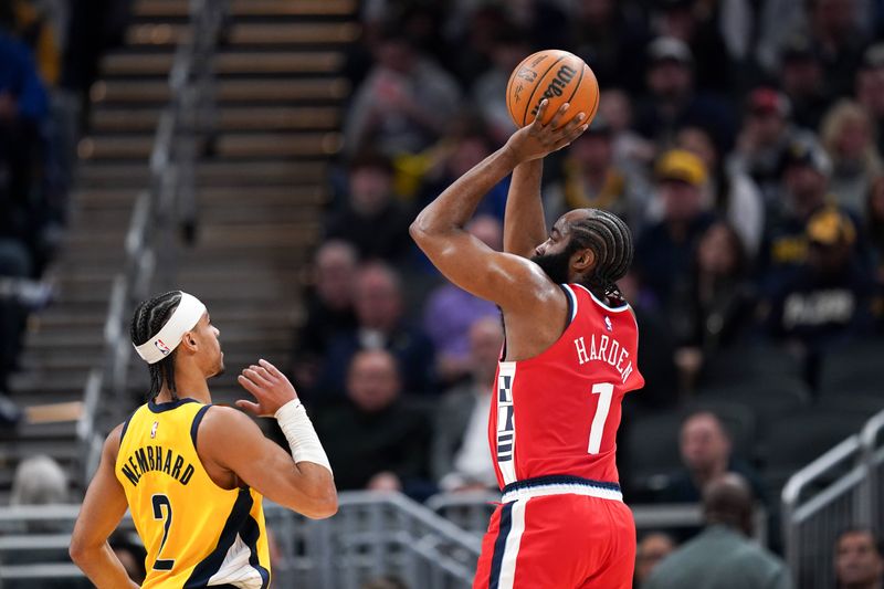 INDIANAPOLIS, INDIANA - FEBRUARY 23: James Harden #1 of the Los Angeles Clippers attempts a shot while being guarded by Andrew Nembhard #2 of the Indiana Pacers in the first quarter at Gainbridge Fieldhouse on February 23, 2025 in Indianapolis, Indiana. NOTE TO USER: User expressly acknowledges and agrees that, by downloading and or using this photograph, User is consenting to the terms and conditions of the Getty Images License Agreement. (Photo by Dylan Buell/Getty Images)