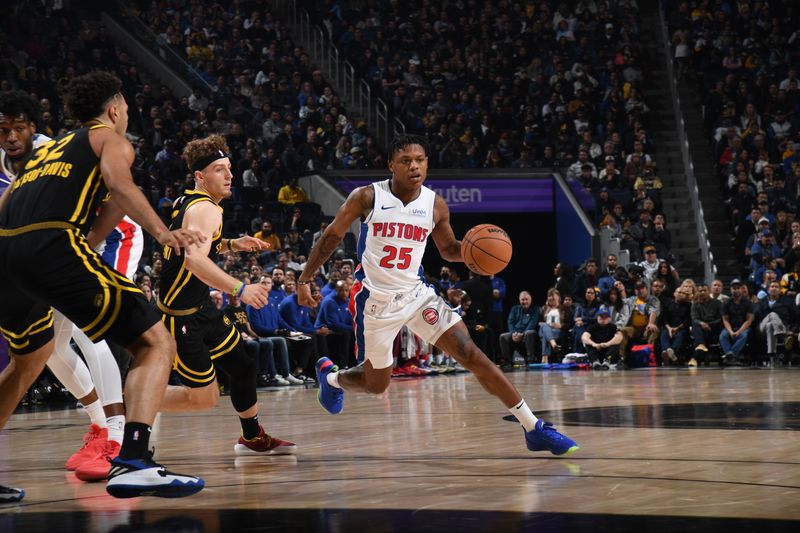 SAN FRANCISCO, CA - JANUARY 5: Marcus Sasser #25 of the Detroit Pistons dribbles the ball during the game against the Golden State Warriors on January 5, 2024 at Chase Center in San Francisco, California. NOTE TO USER: User expressly acknowledges and agrees that, by downloading and or using this photograph, user is consenting to the terms and conditions of Getty Images License Agreement. Mandatory Copyright Notice: Copyright 2024 NBAE (Photo by Noah Graham/NBAE via Getty Images)