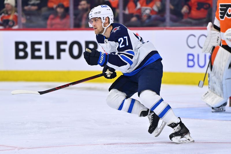 Jan 22, 2023; Philadelphia, Pennsylvania, USA; Winnipeg Jets left wing Nikolaj Ehlers (27) in action against the Philadelphia Flyers in the first period at Wells Fargo Center. Mandatory Credit: Kyle Ross-USA TODAY Sports