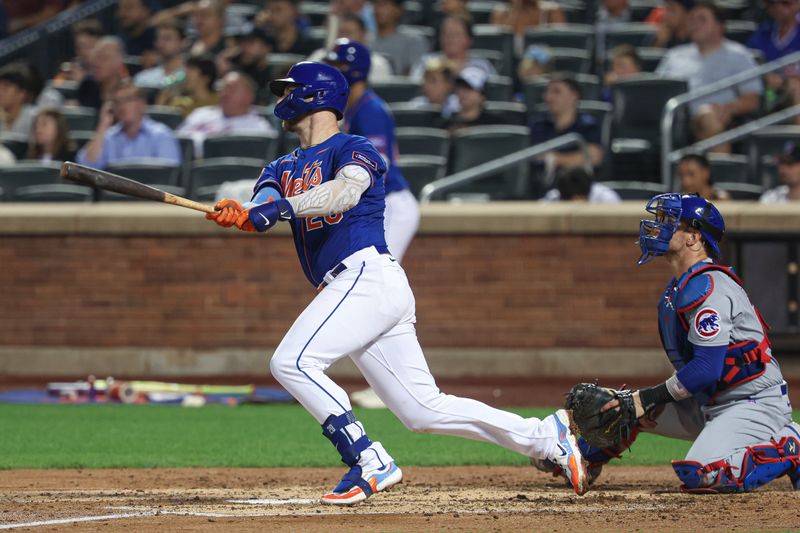 Aug 7, 2023; New York City, New York, USA; New York Mets first baseman Pete Alonso (20) hist a two-run home run during the third inning against the Chicago Cubs at Citi Field. Mandatory Credit: Vincent Carchietta-USA TODAY Sports