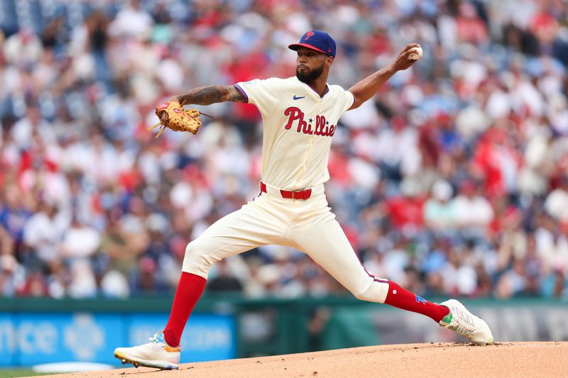 Jul 31, 2024; Philadelphia, Pennsylvania, USA;  Philadelphia Phillies pitcher Cristopher Sanchez (61) throws a pitch during the first inning against the New York Yankees at Citizens Bank Park. Mandatory Credit: Bill Streicher-USA TODAY Sports