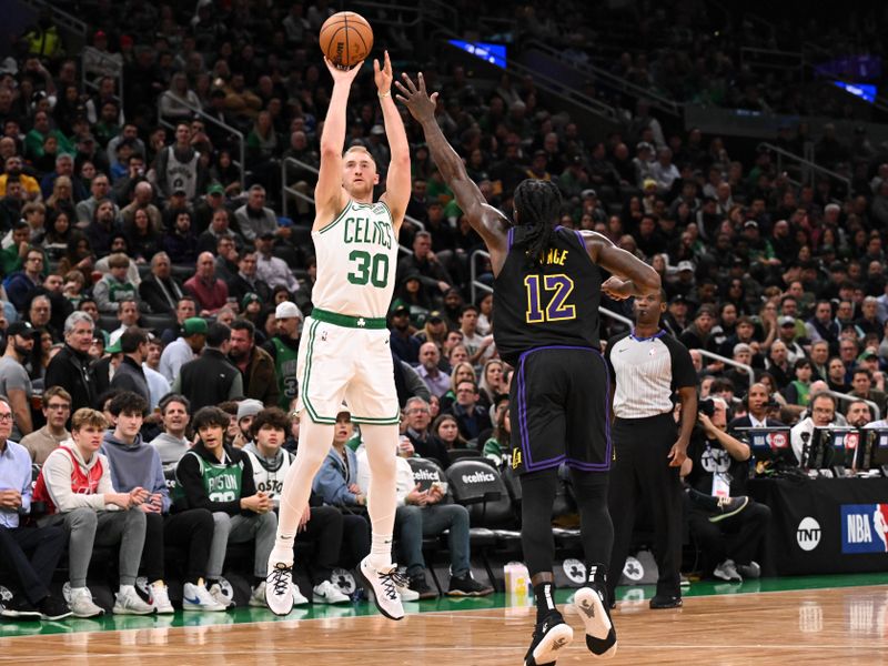 BOSTON, MASSACHUSETTS - FEBRUARY 01: Sam Hauser #30 of the Boston Celtics attempts a three-point basket in front of Taurean Prince #12 of the Los Angeles Lakers during the third quarter at the TD Garden on February 01, 2024 in Boston, Massachusetts. NOTE TO USER: User expressly acknowledges and agrees that, by downloading and or using this photograph, User is consenting to the terms and conditions of the Getty Images License Agreement. (Photo by Brian Fluharty/Getty Images)