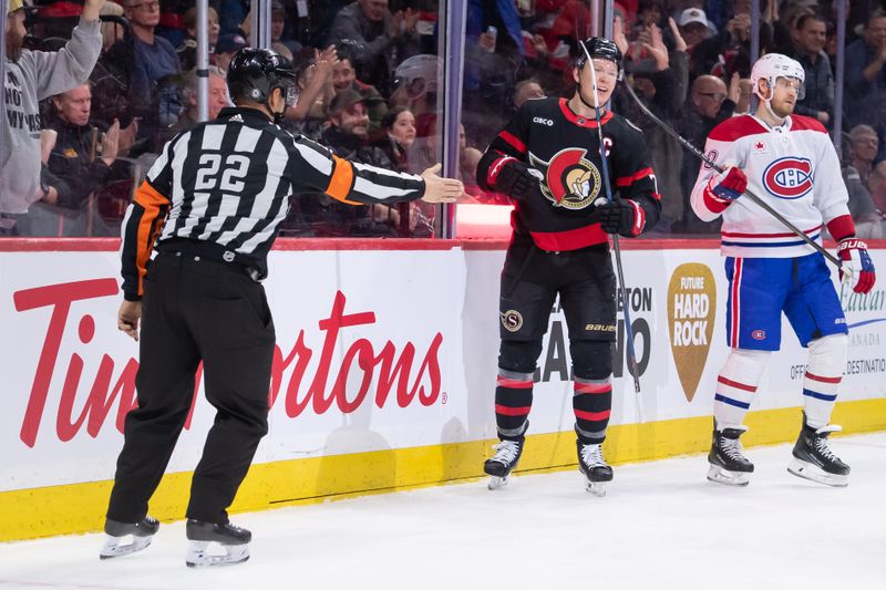 Apr 13, 2024; Ottawa, Ontario, CAN; Ottawa Senators left wing Brady Tkachuk (7) celebrates his goal scored against the Montreal Canadiens in the first period at the Canadian Tire Centre. Mandatory Credit: Marc DesRosiers-USA TODAY Sports