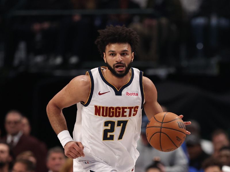 DALLAS, TEXAS - JANUARY 14: Jamal Murray #27 of the Denver Nuggets brings the ball up court during the first quarter against the Dallas Mavericks at American Airlines Center on January 14, 2025 in Dallas, Texas. NOTE TO USER: User expressly acknowledges and agrees that, by downloading and/or using this photograph, user is consenting to the terms and conditions of the Getty Images License Agreement. (Photo by Sam Hodde/Getty Images)