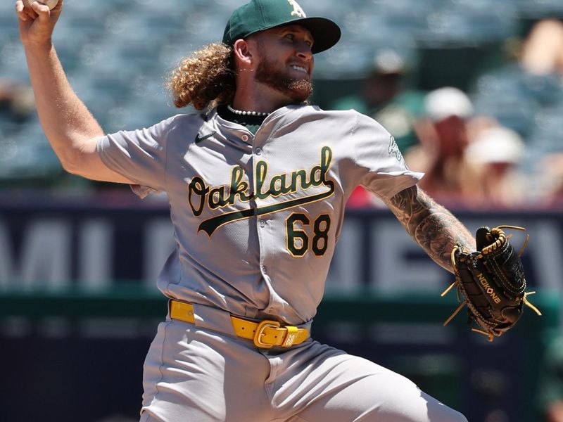 Jun 26, 2024; Anaheim, California, USA;  Oakland Athletics starting pitcher Joey Estes (68) throws against the Los Angeles Angels during the first inning at Angel Stadium. Mandatory Credit: Kiyoshi Mio-USA TODAY Sports