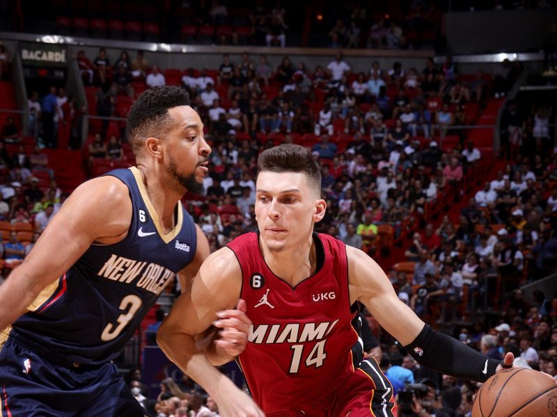 MIAMI, FL - JANUARY 22: Tyler Herro #14 of the Miami Heat drives to the basket during the game against the New Orleans Pelicans on January 22, 2023 at Miami-Dade Arena in Miami, Florida. NOTE TO USER: User expressly acknowledges and agrees that, by downloading and or using this Photograph, user is consenting to the terms and conditions of the Getty Images License Agreement. Mandatory Copyright Notice: Copyright 2023 NBAE (Photo by Nathaniel S. Butler/NBAE via Getty Images)